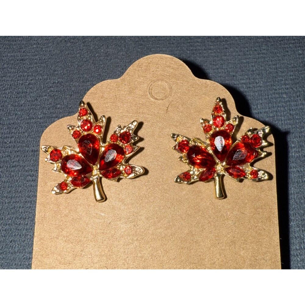 Crystal Red Maple Leaf Gold 3/4" Stud Pierced Earrings